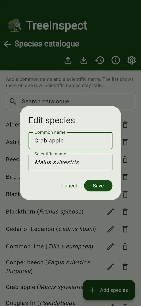 Add or edit a species.