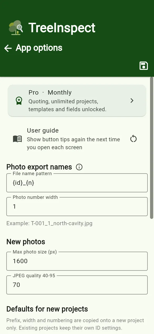 App options shows your current plan.