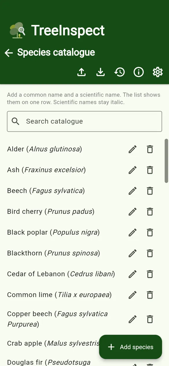 The catalogue starts with common UK tree species.