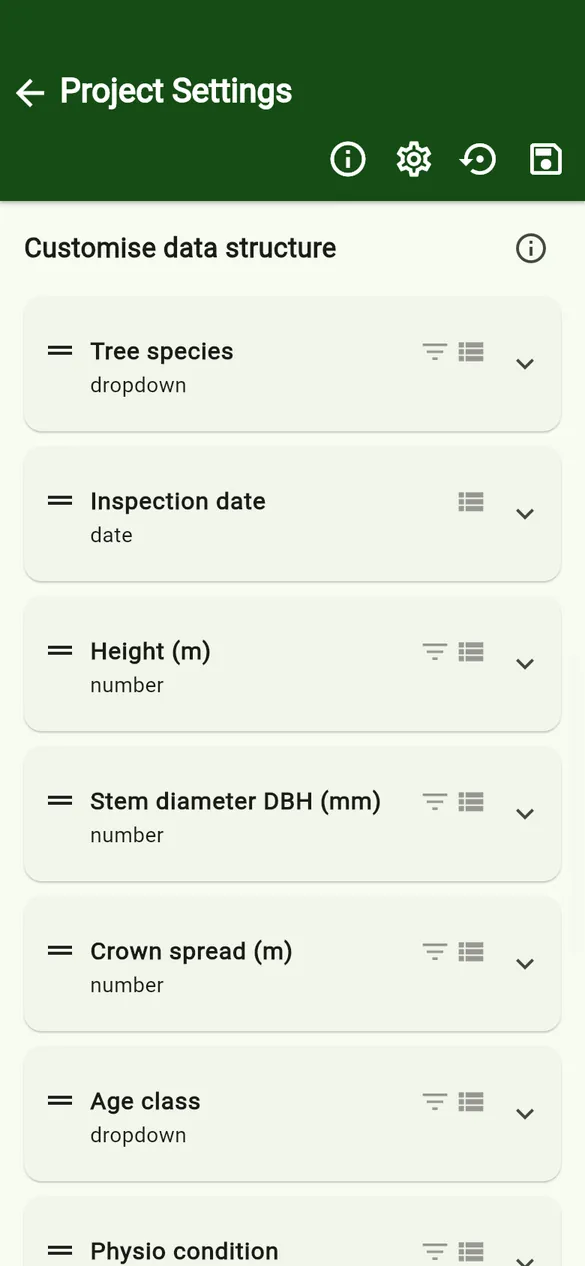 Fields in the data structure.