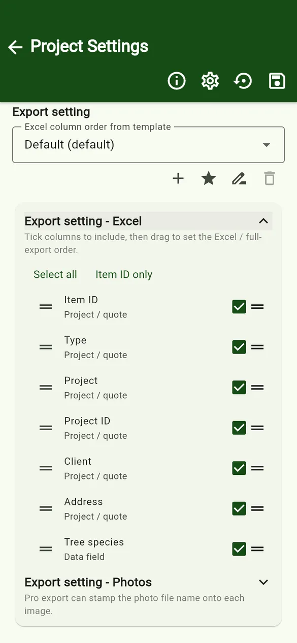 Tick and drag columns for the Excel export.