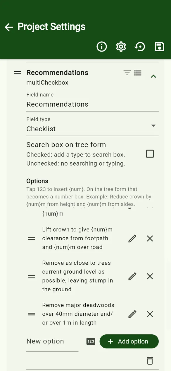 Editing a checklist field and its options.