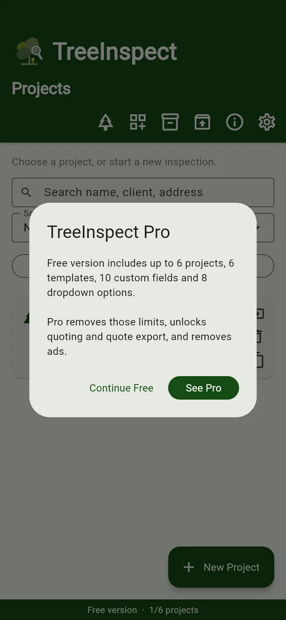 On the Free version, a short note lists the Free limits.