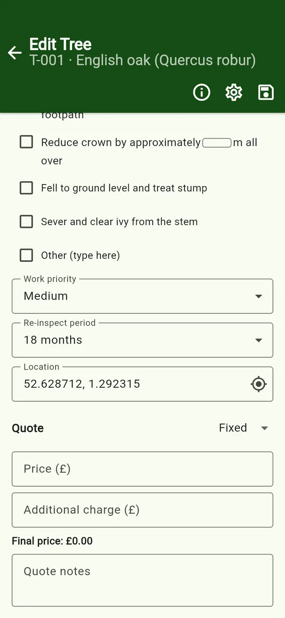 A Location field filled from GPS (sample coordinates).