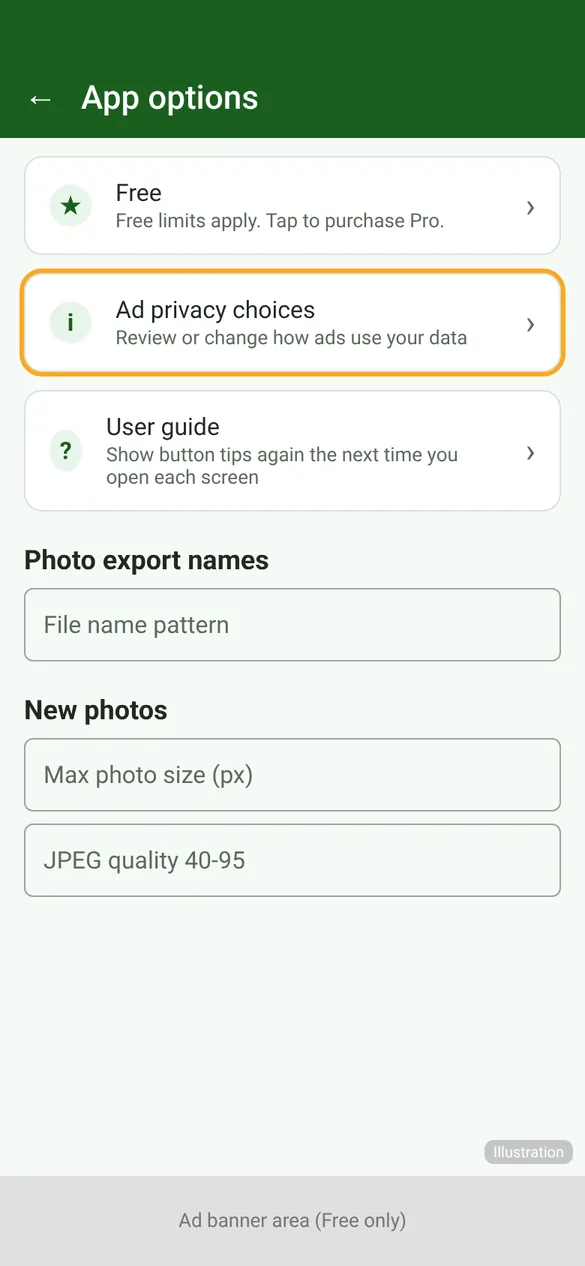 Where Ad privacy choices appears in App options (Free version, where required).
