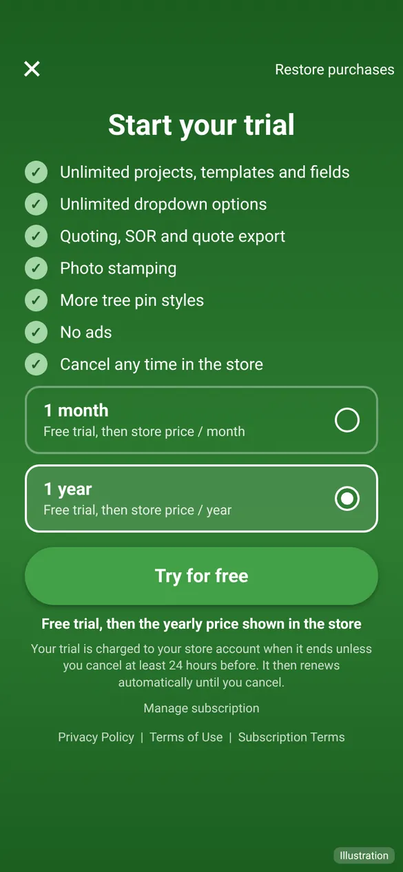 The Pro screen. Prices and trial lengths come from the store.