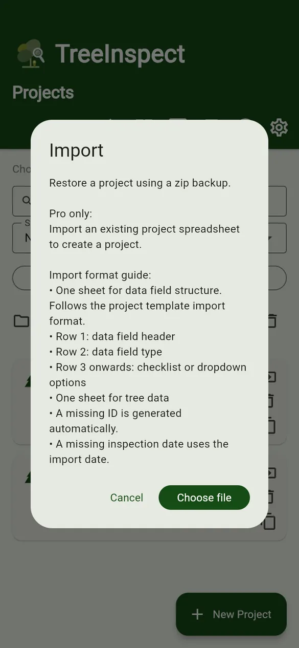 Import: restore a zip, or (Pro) import a spreadsheet.