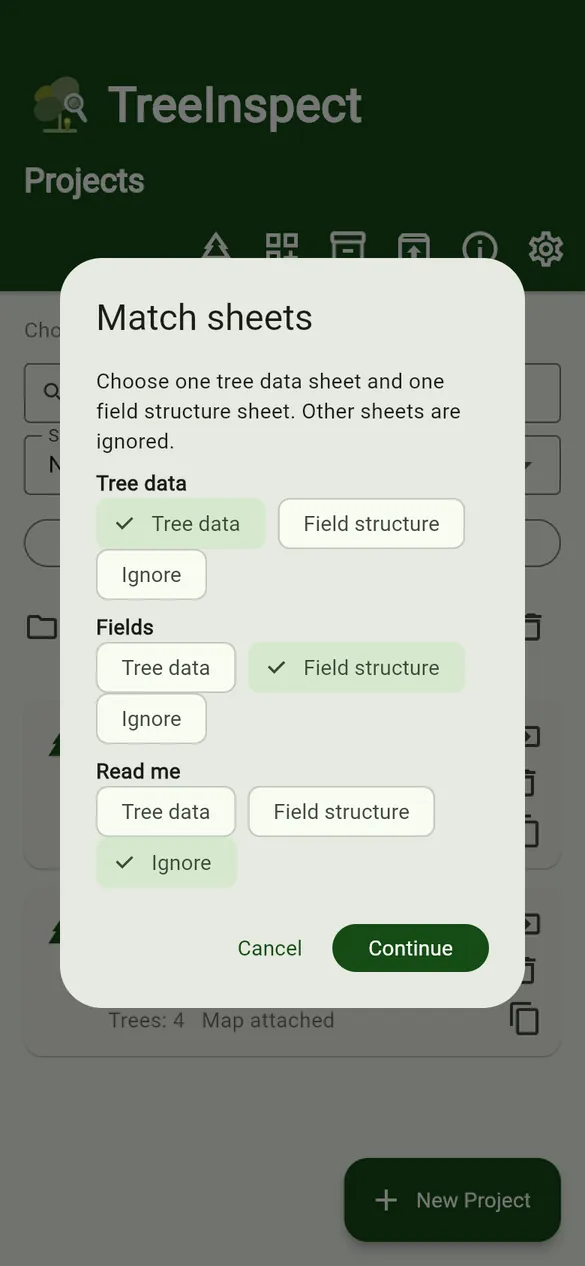 Match sheets for the sample file.