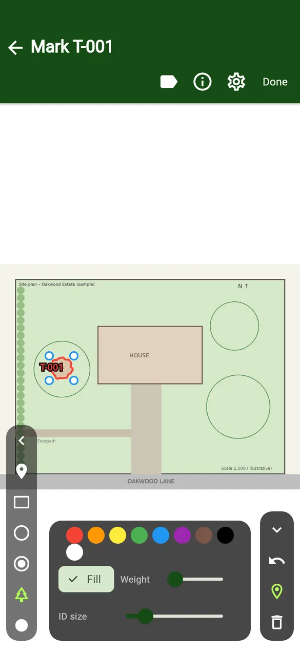 A CAD tree pin placed, with resize handles.