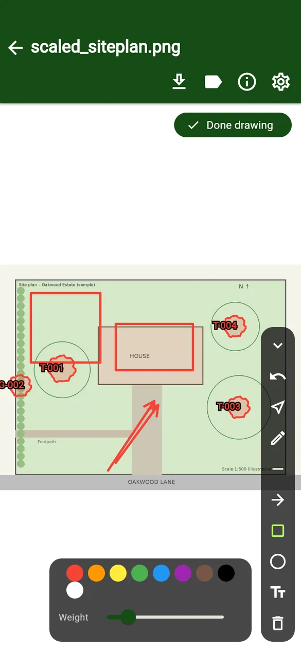 Drawing tools: a box and an arrow added to the plan.