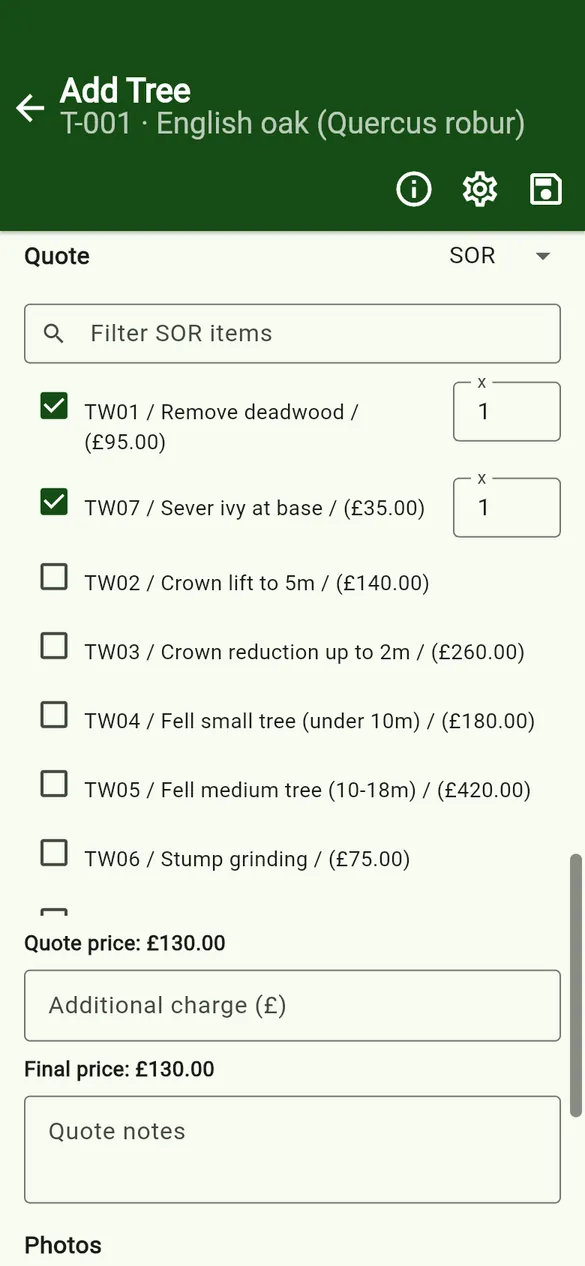 SOR quote: TW01 and TW07 ticked, quote price £130.00.