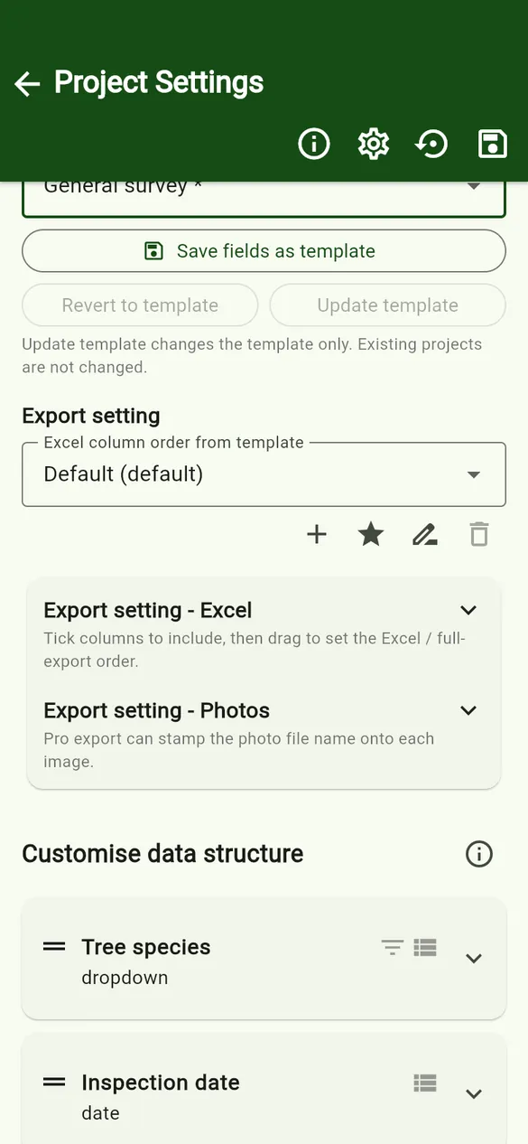 Export settings and data structure.