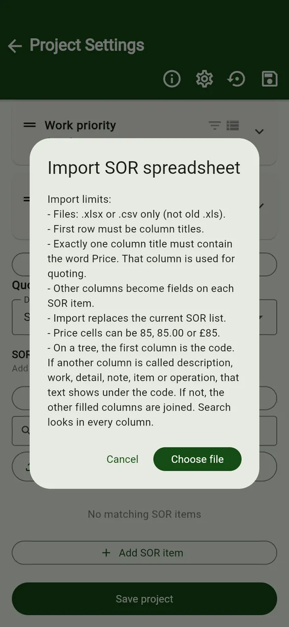The import rules, shown before you choose a file.