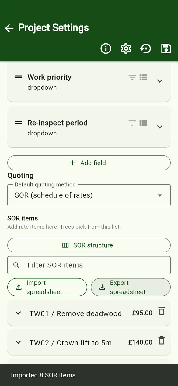 After importing the sample: “Imported 8 SOR items”.