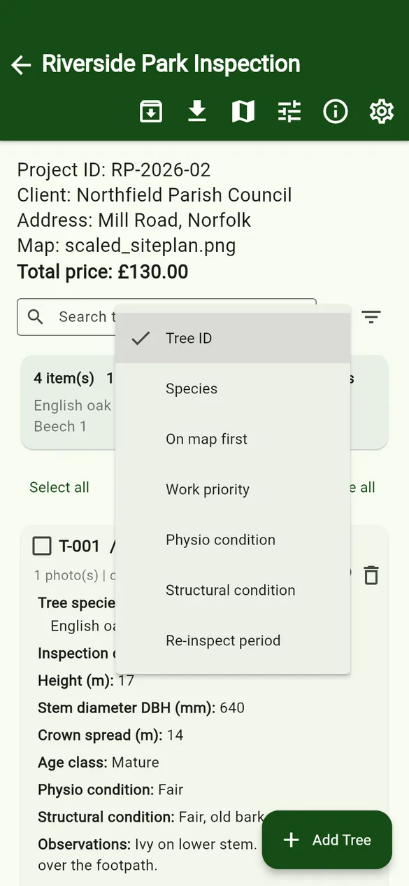 Sort options include your filter fields.
