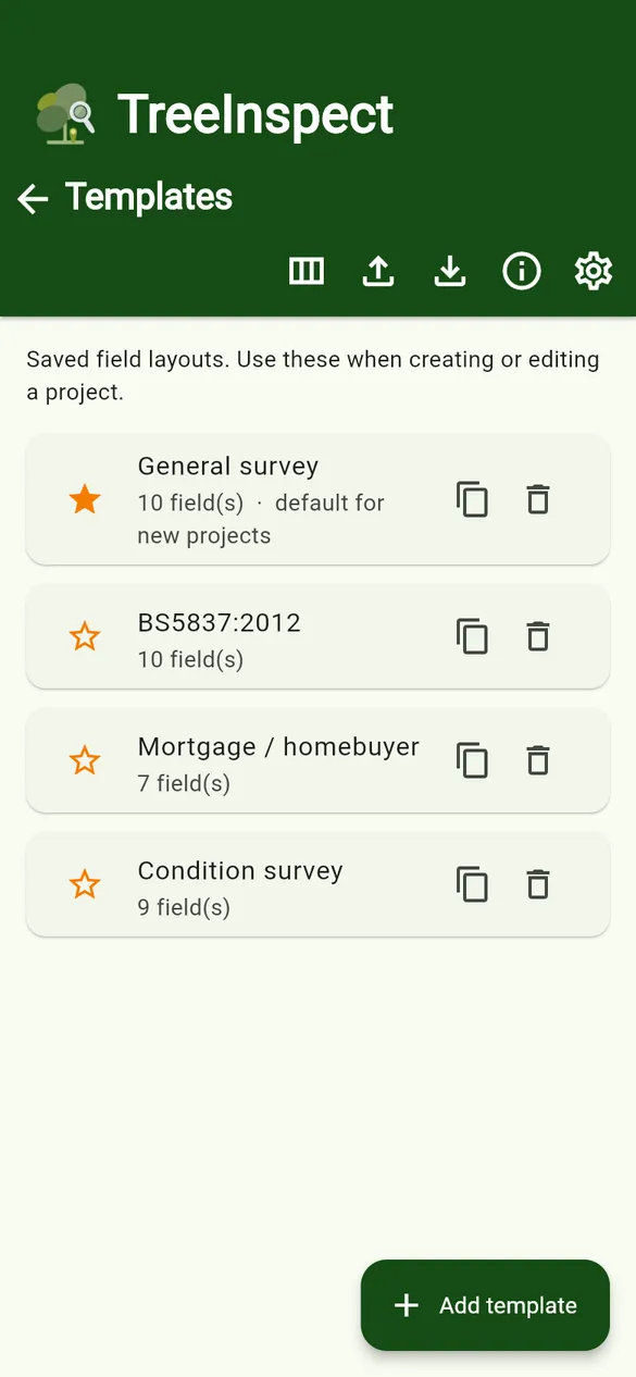 Templates, with the default starred.