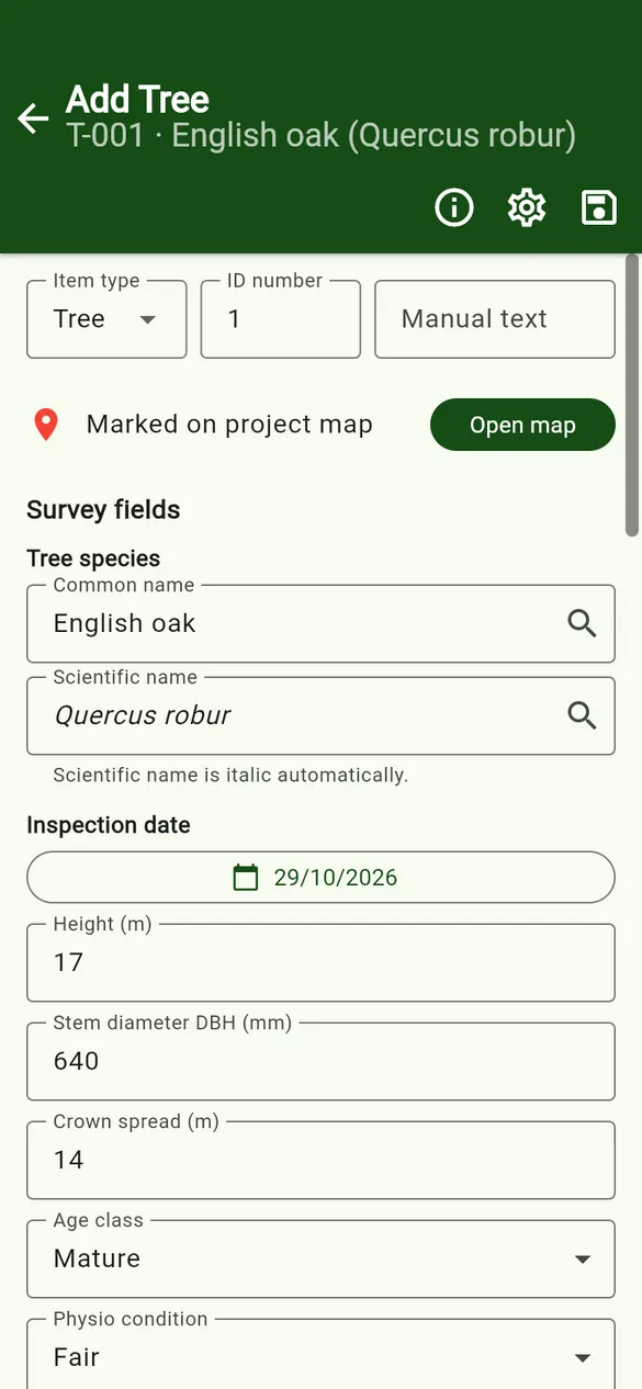 A completed form, marked on the project map.