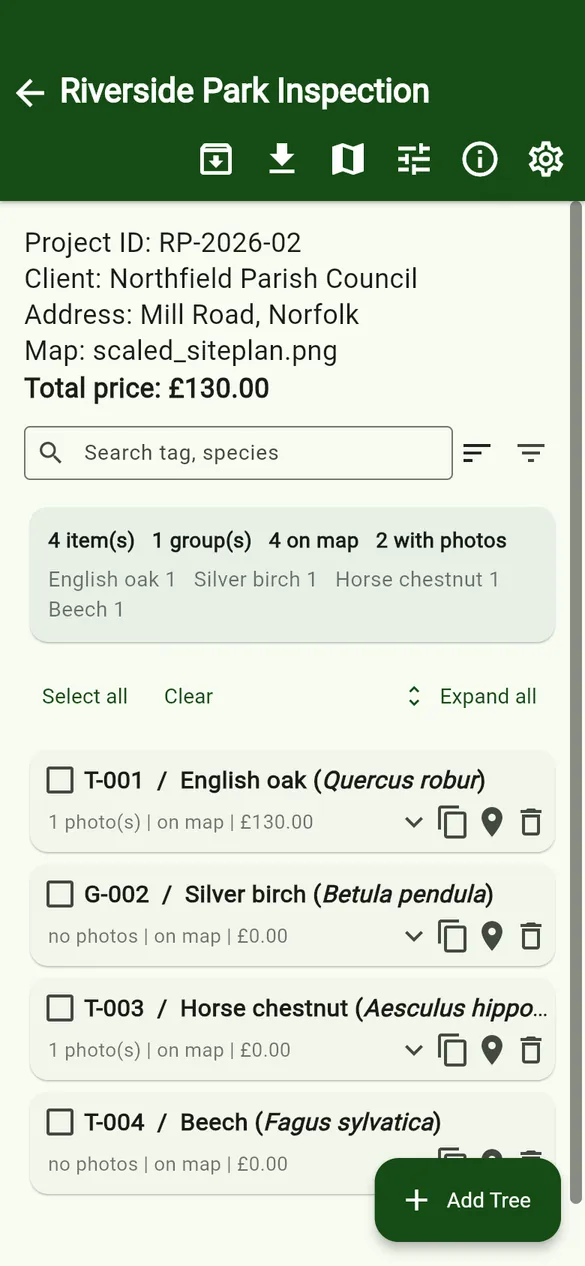 A project with four items. The summary card counts items, groups, pins and photos.