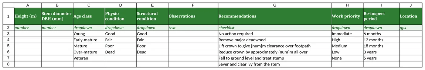 Fields sheet: the same layout as the project template.