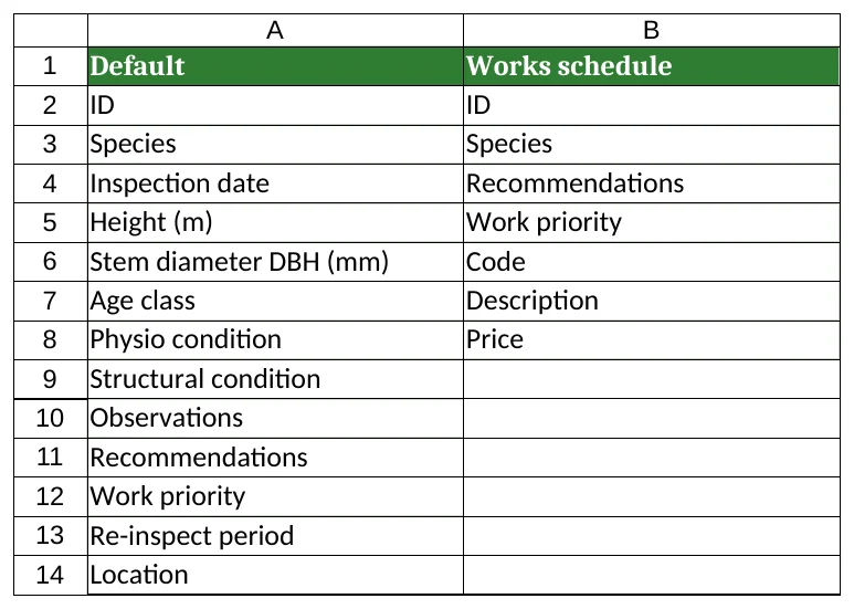 Export settings sheet: one Excel column order per column.